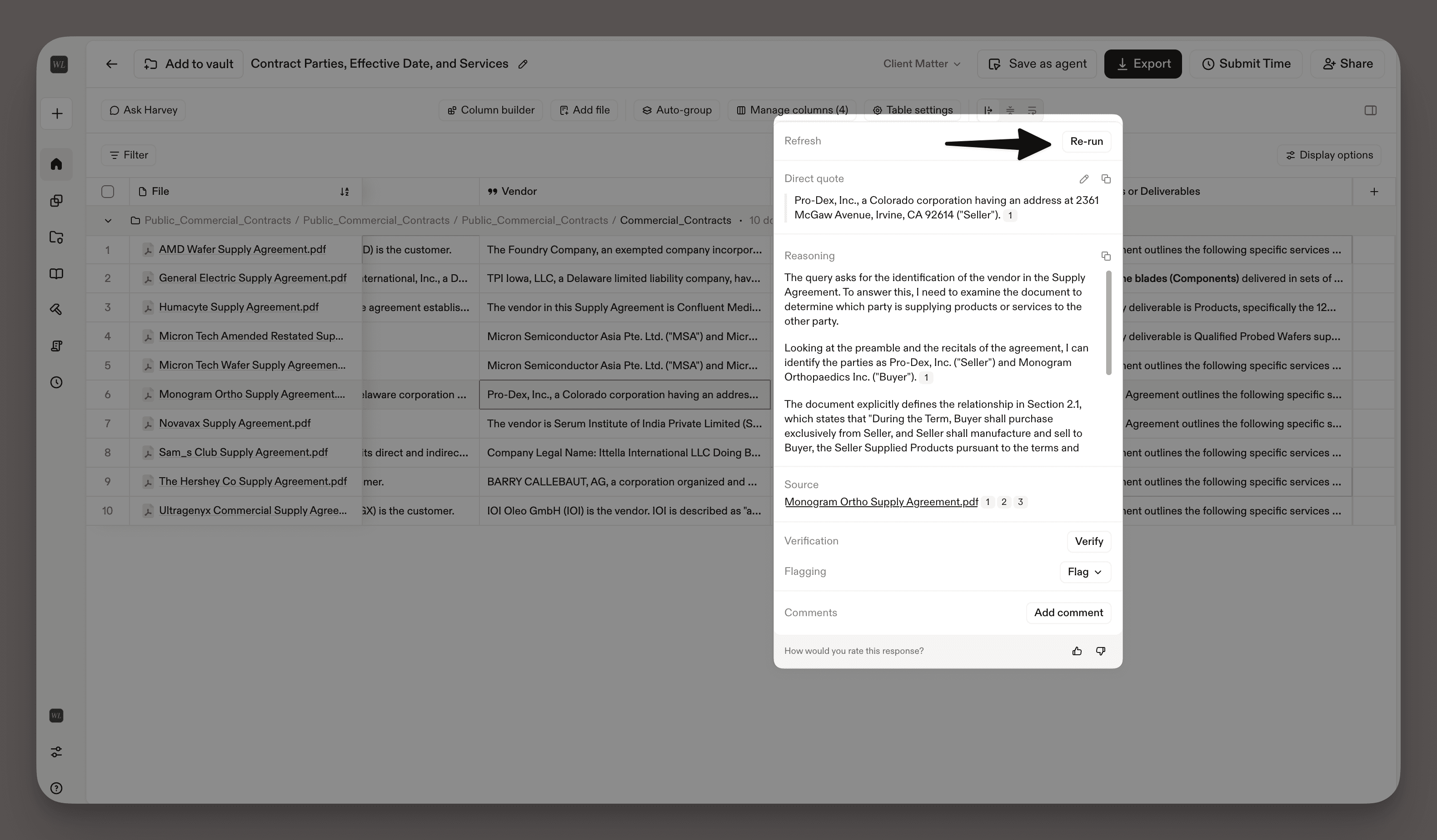 A screenshot of Harvey's review table interface showing a spreadsheet-style table of supply agreements.A screenshot of Harvey's contract analysis interface showing a spreadsheet-style table of supply agreements. A popup panel is open on the right, displaying an AI-generated response.