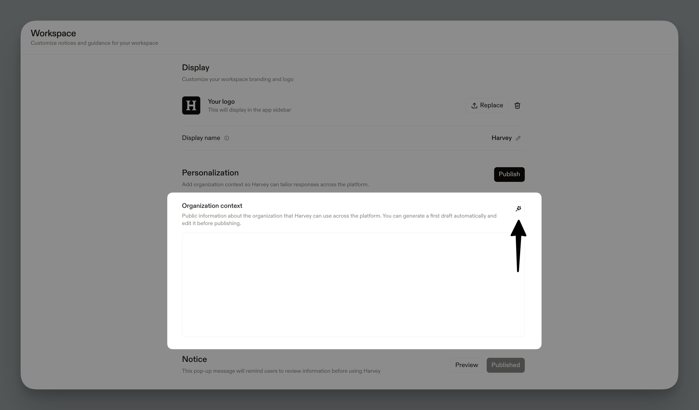 Highlighted Organization Context text box with an arrow pointing to a magic wand button