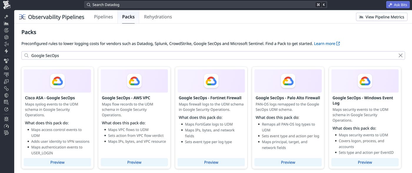 Packs gallery showing available Google SecOps normalization packs for supported log sources.