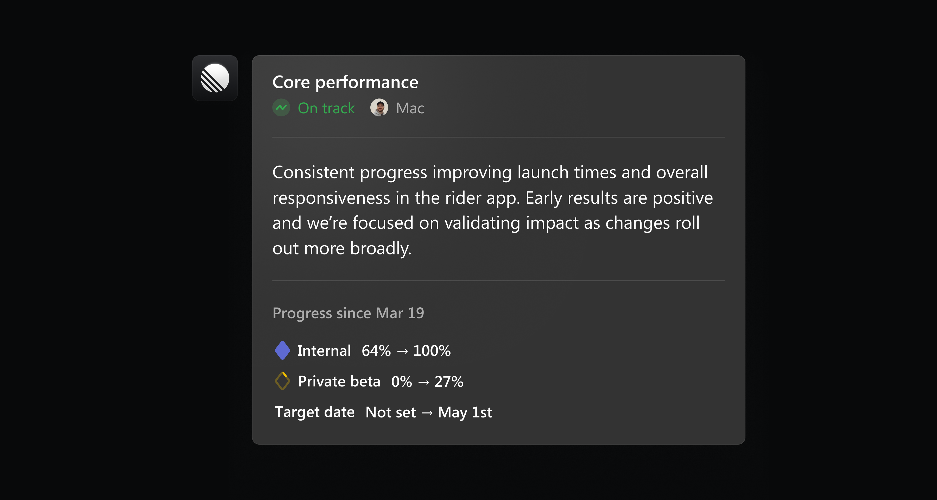 project update in Teams showing progress since march 19th, with a description of changes in the core performance project.