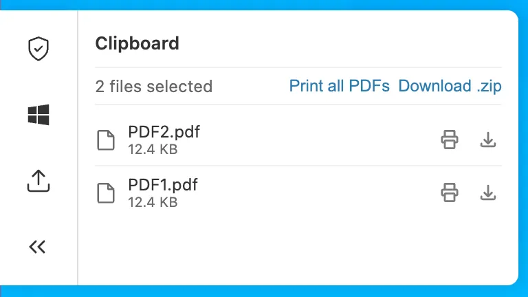The clipboard panel showing the Print all PDFs option for multiple selected PDF files.