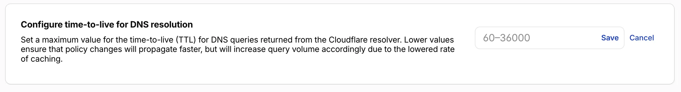 The maximum DNS TTL setting in Traffic policies > Traffic settings, showing a numeric input field that accepts values between 60 and 36,000 seconds