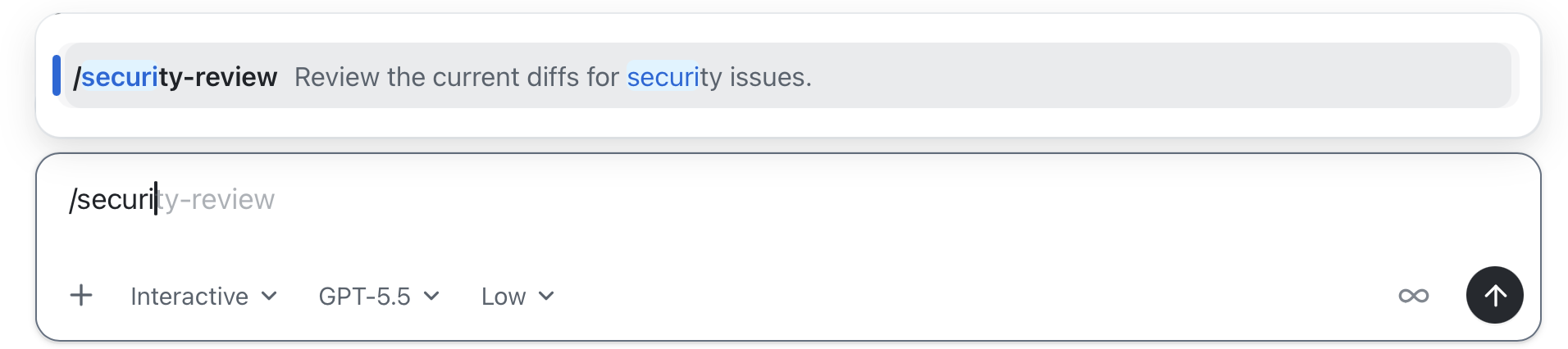 The /security-review appearing as a suggested command in the GitHub Copilot app chat window