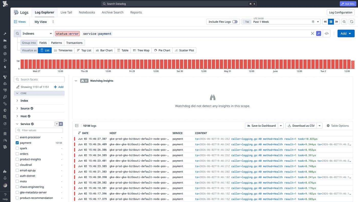 Querying Datadog indexes in Log Explorer. Federated queries use the same interface.