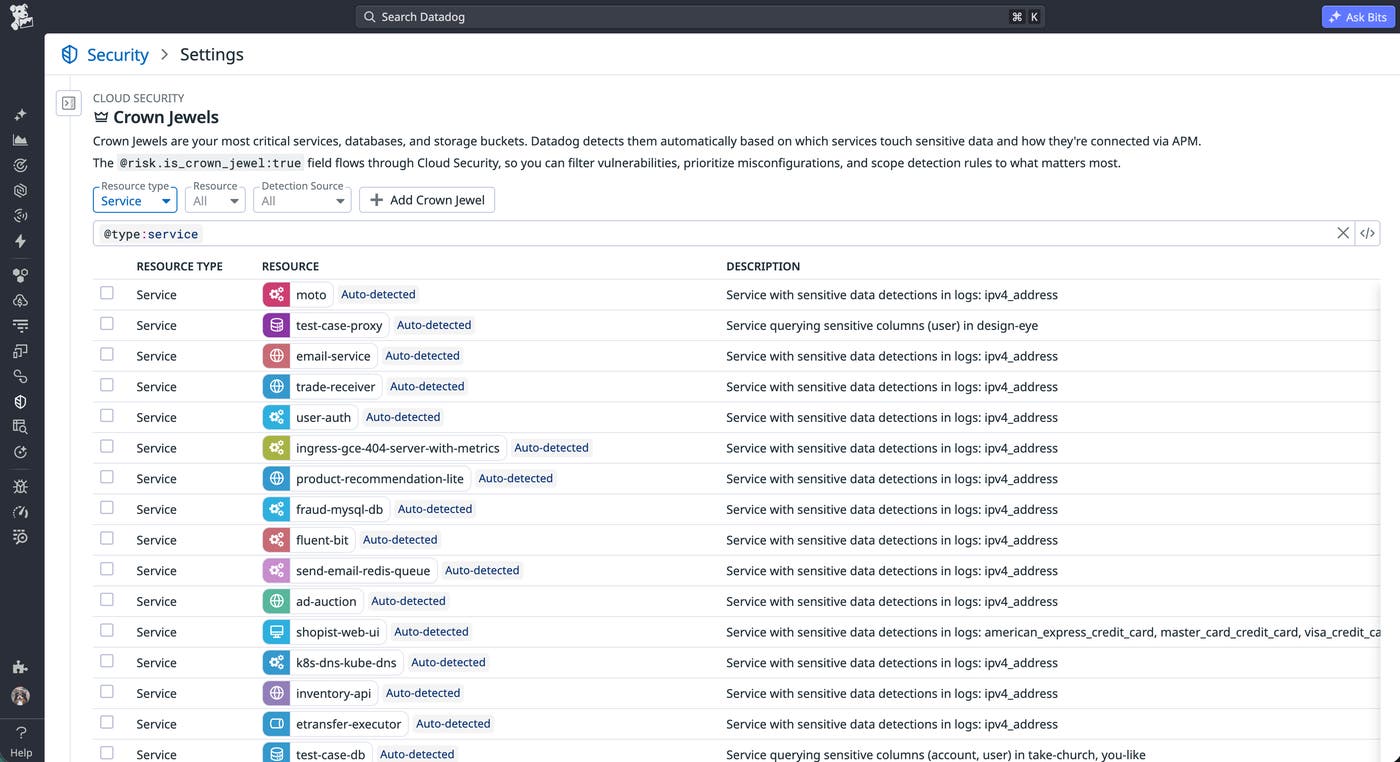 A list of critical services that Datadog Cloud Security will prioritize when generating signals.