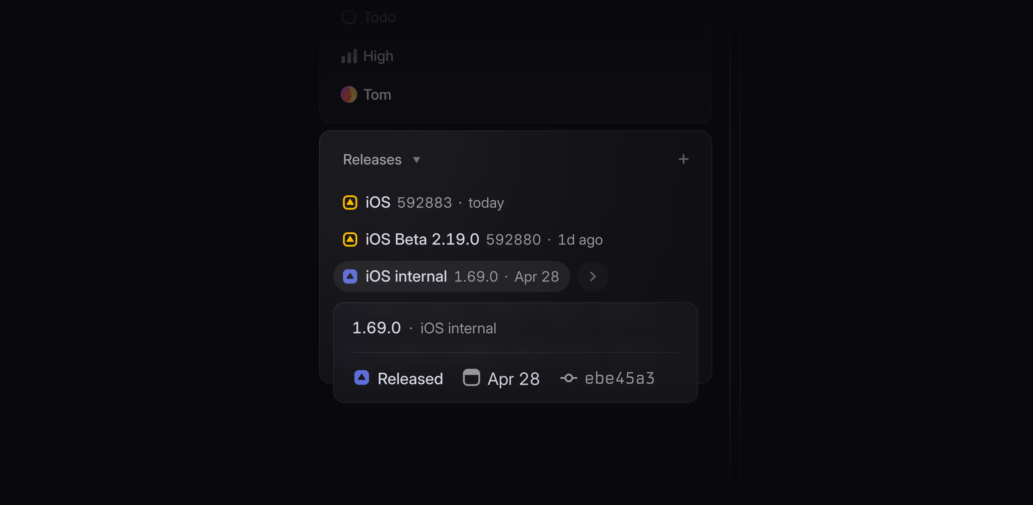 Issue sidebar showing a progression of iOS releases