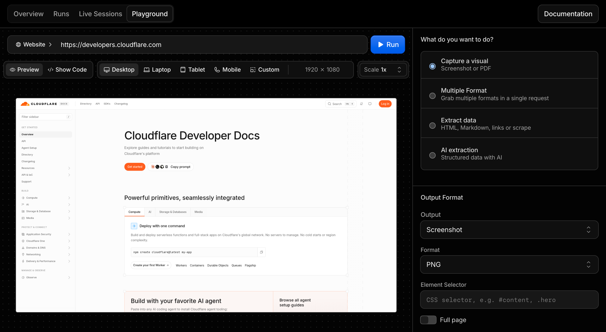 Browser Run Playground in the Cloudflare dashboard showing a generated screenshot preview and output settings