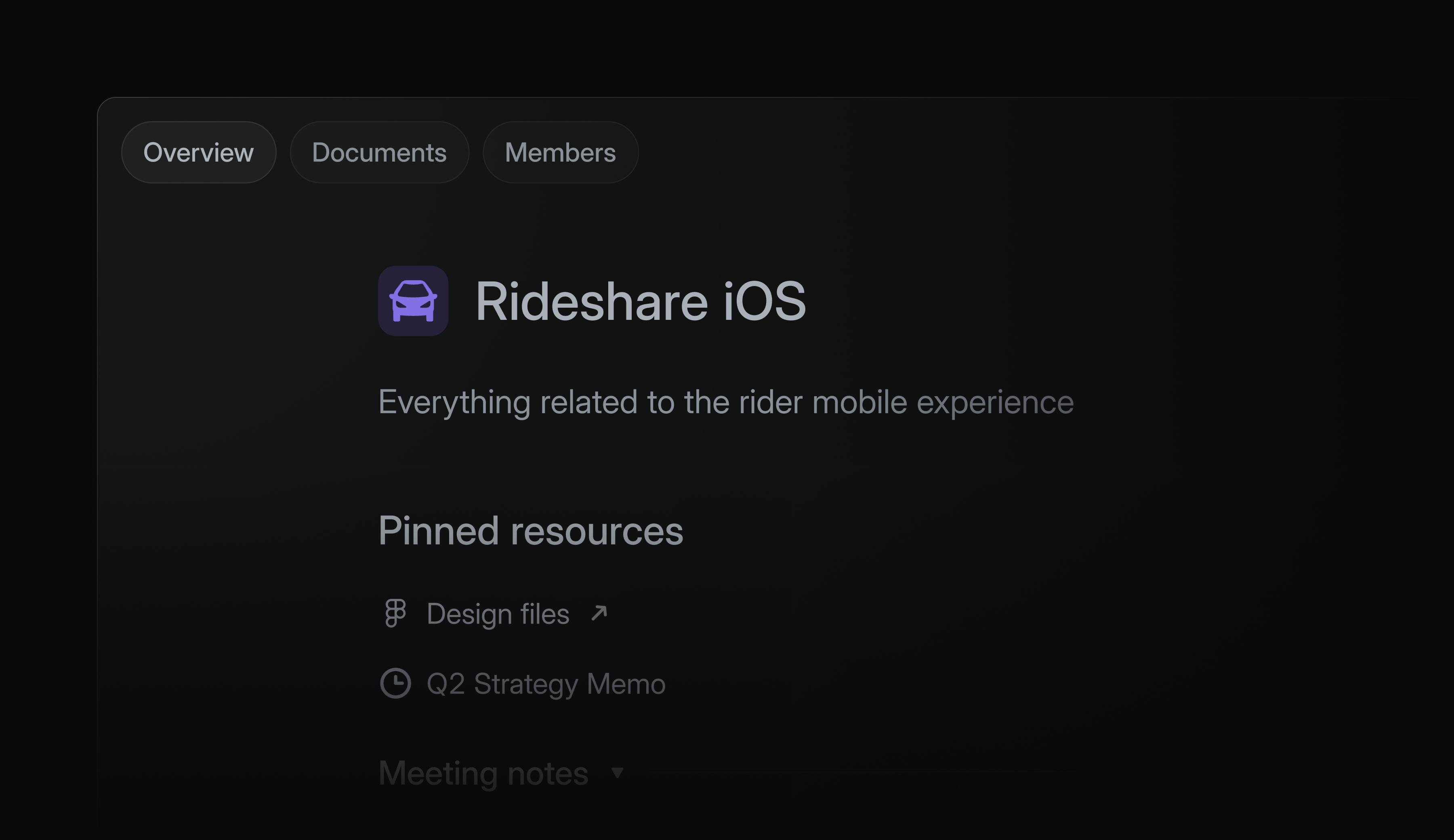 Shows a team page with pinned docs and links