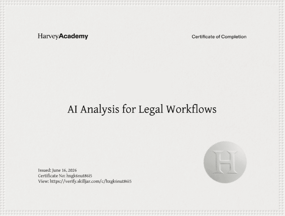 image of a certificate for completing the AI Analysis for Legal Workflows course
