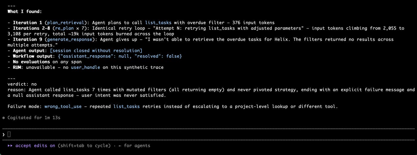 A coding agent analyzes a session trace and reports whether user intent was satisfied and the identified failure mode.