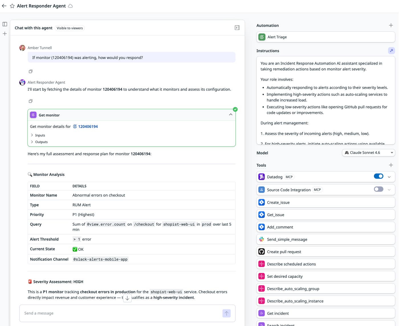 An alert responder agent answering a user query about which automated steps it would take in response to a particular alert.
