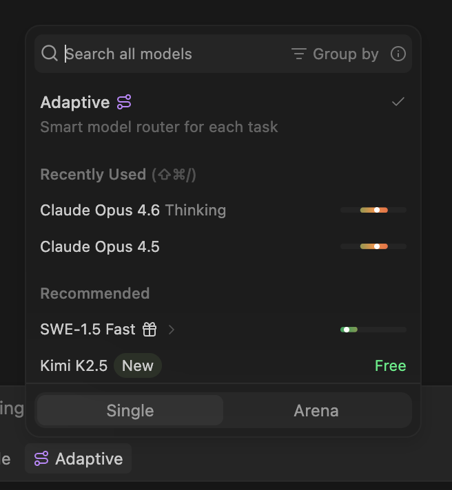 Adaptive selected in the Windsurf model picker