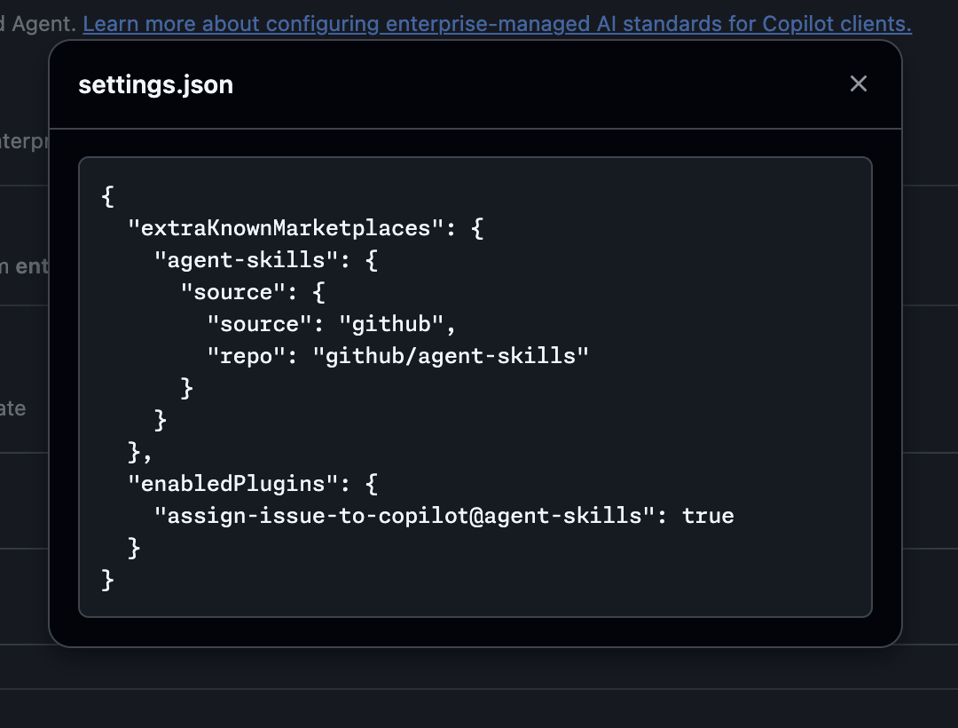Excerpt of the enterprise plugin standards settings.json file for GitHub Copilot CLI
