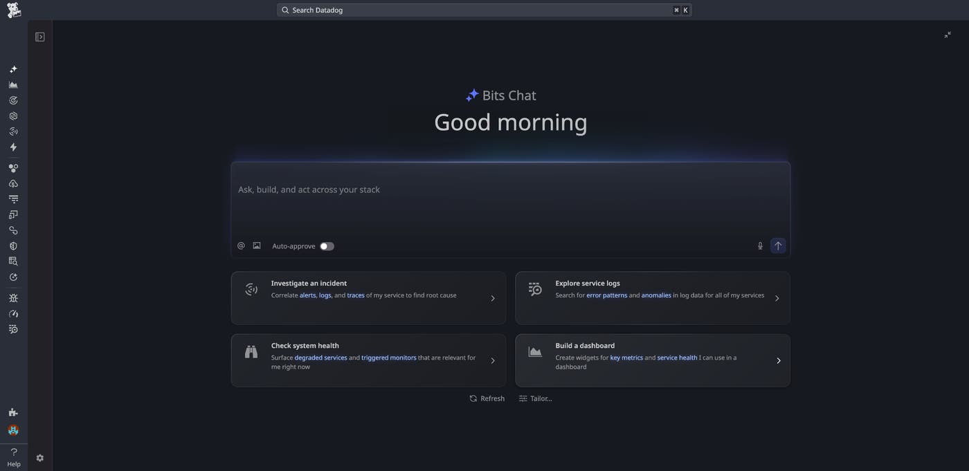 Bits Chat home screen with a natural language prompt input field and four suggested actions: Investigate an incident, Check system health, Explore service logs, and Build a dashboard.