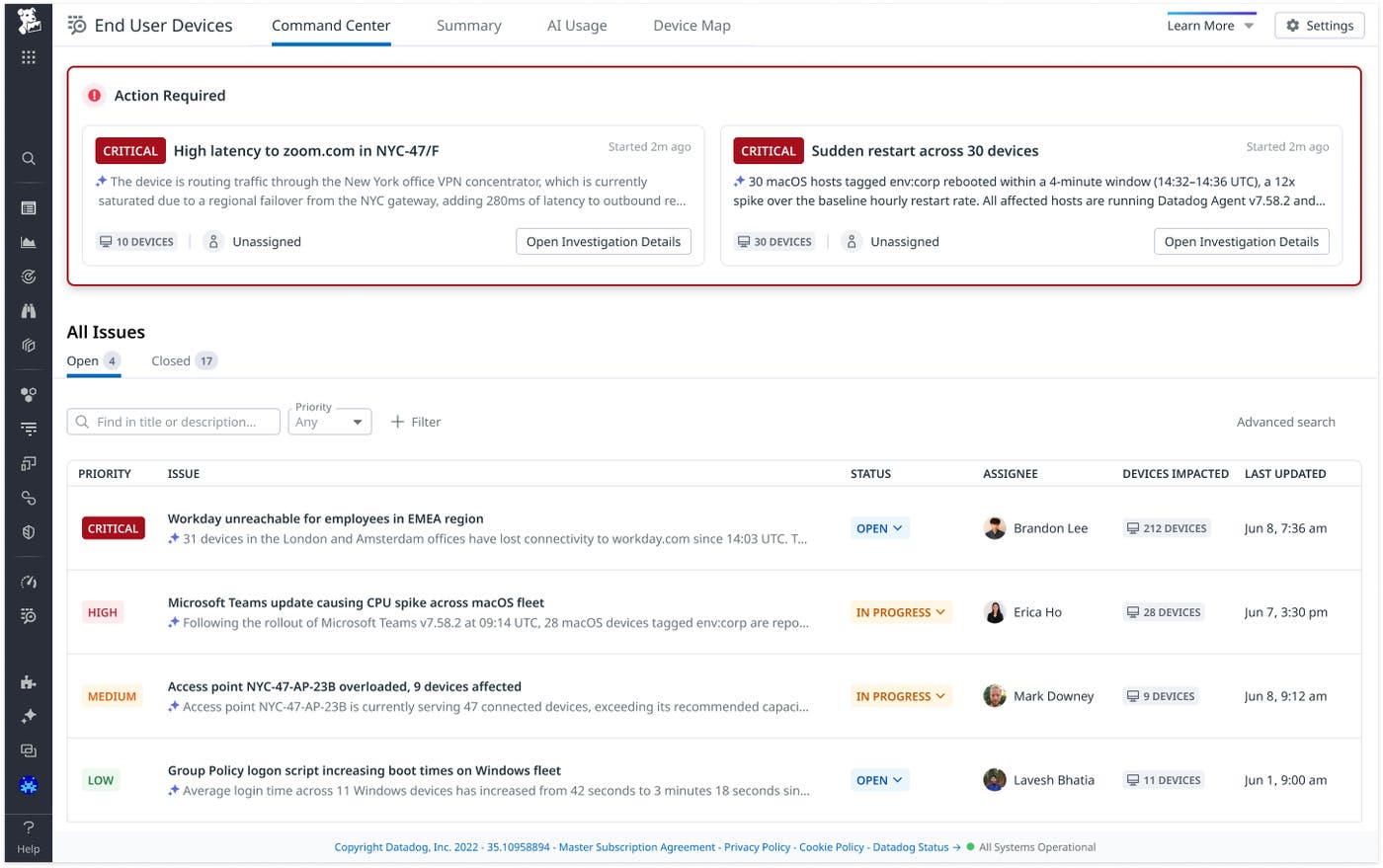 Command Center landing page in End User Device Management showing the feed of issue cards by priority, status, assignee, device impacted, and last updated date.
