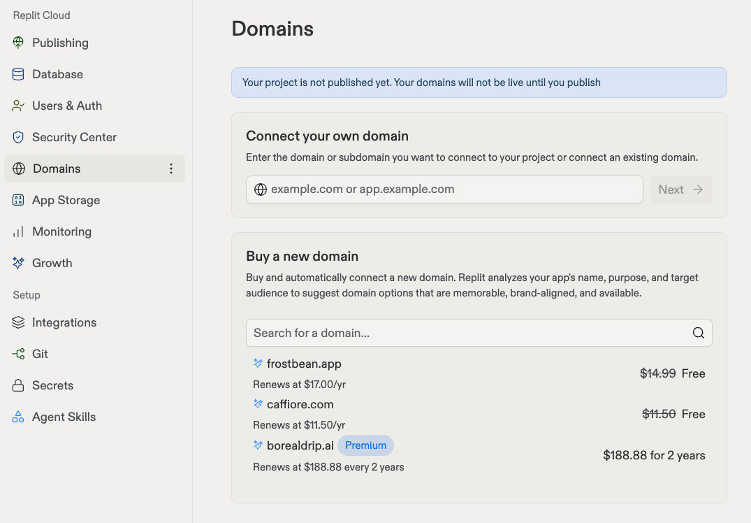 Replit Domains page showing options to connect an existing domain or buy a suggested new domain