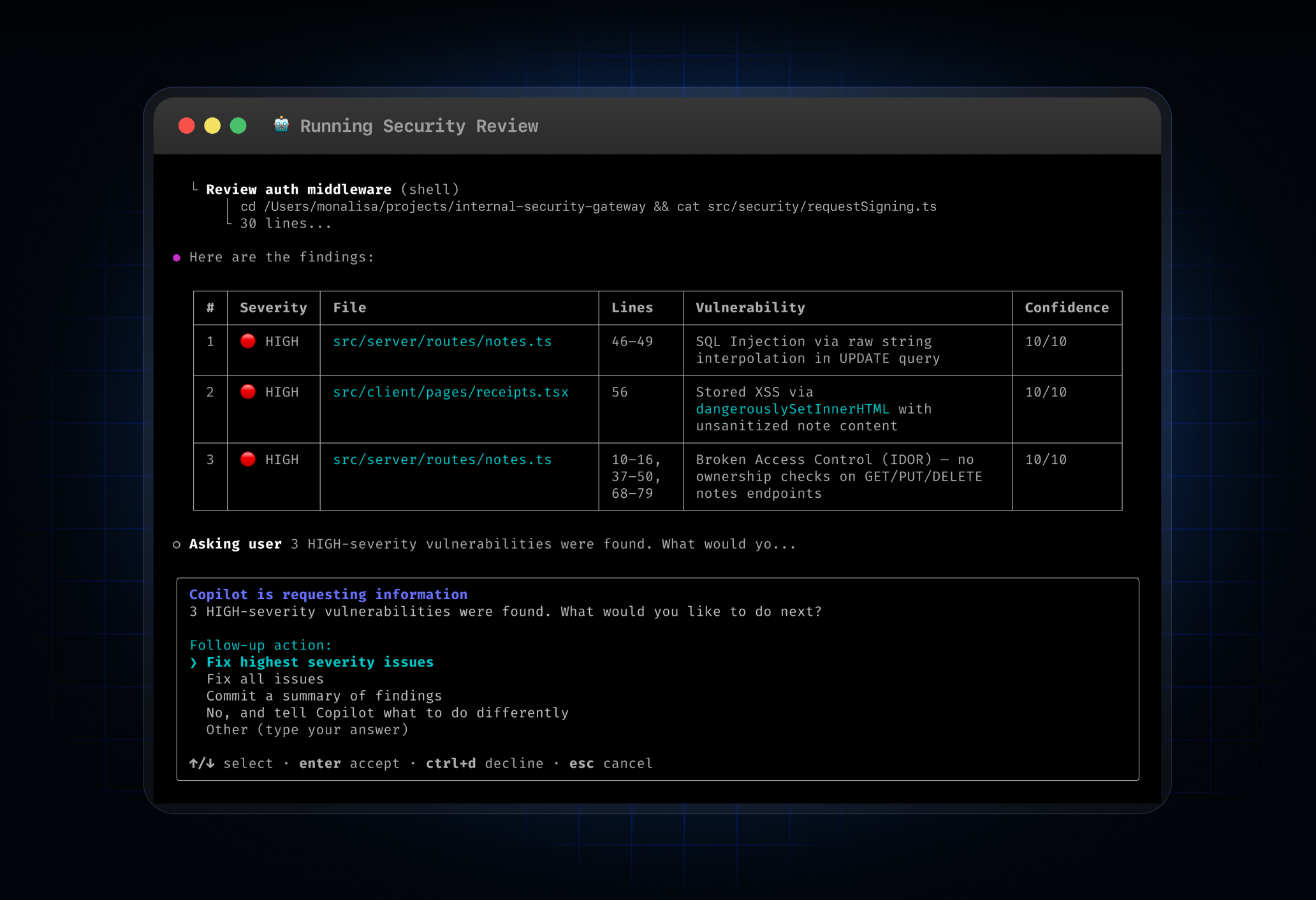 GitHub Copilot CLI running the /security-review command in a terminal