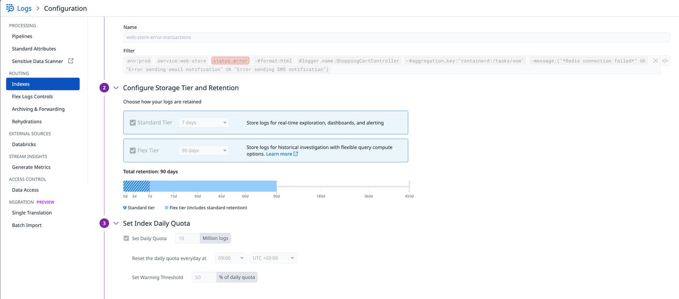 Datadog Log Management screen for configuring storage tier and retention length of logs.
