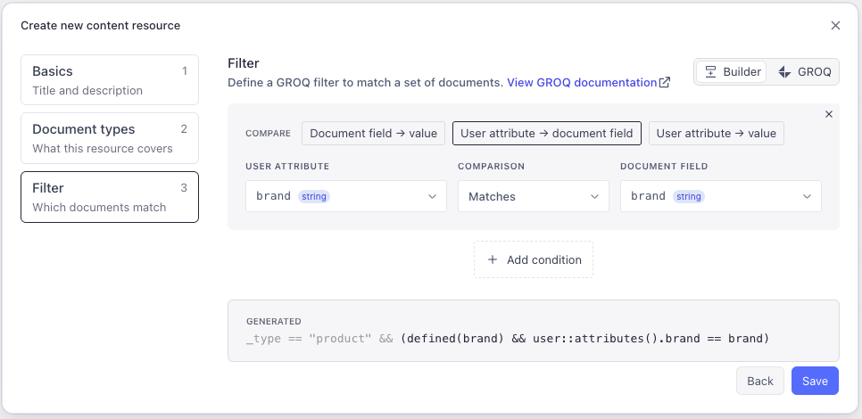 A filter setup for content resources, comparing a user