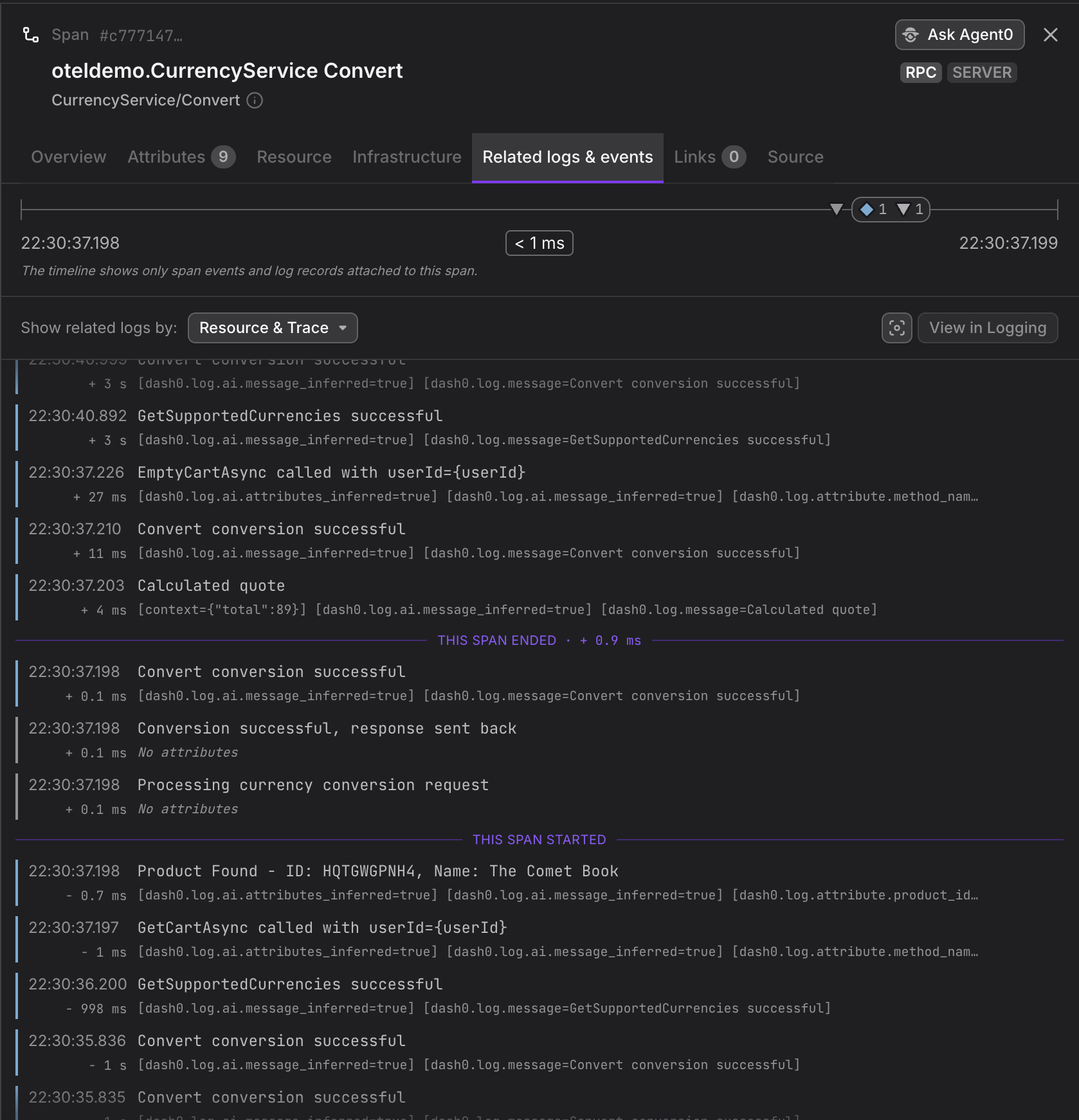 The new "Related logs & events" tab in the span sidebar.