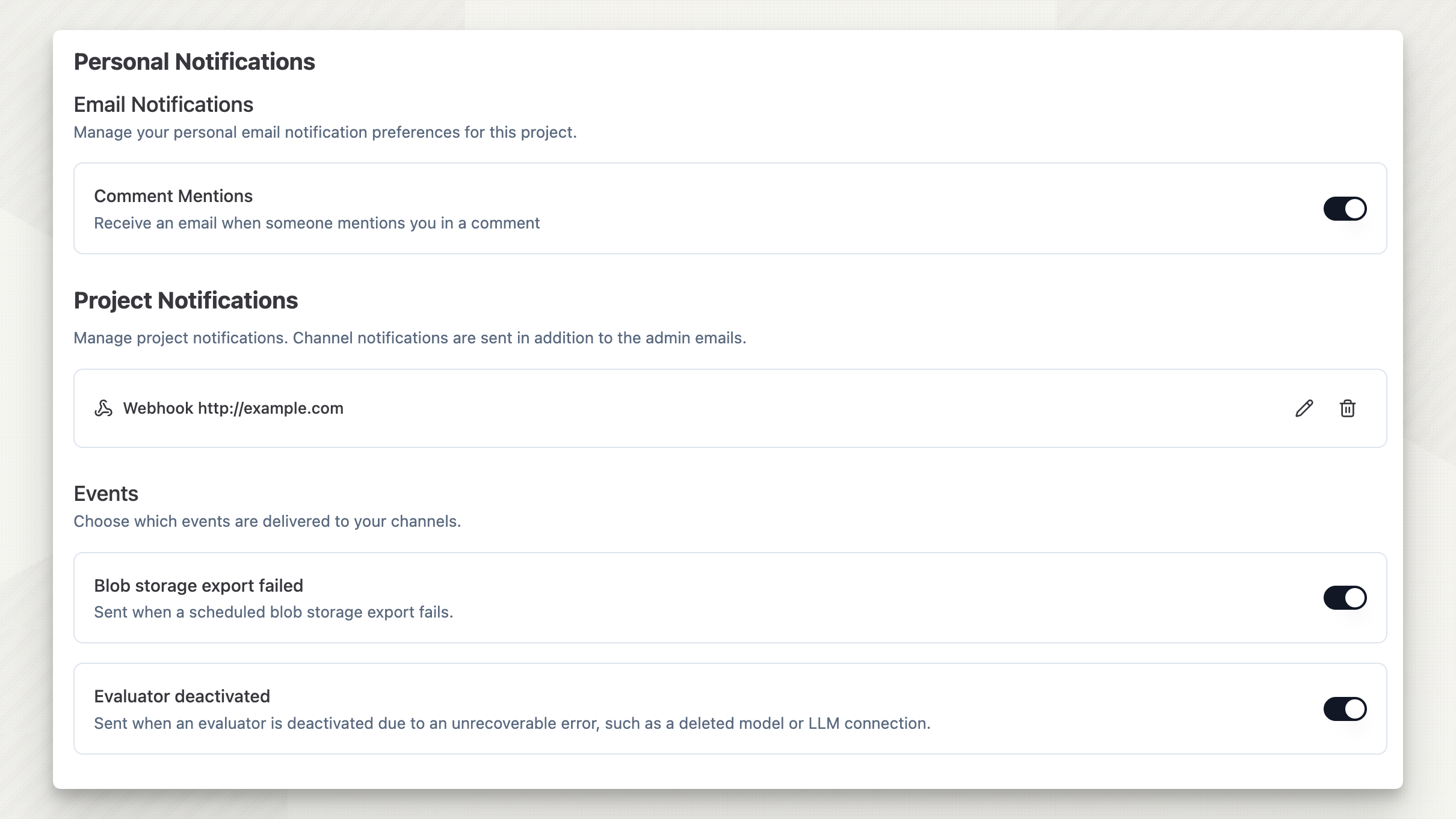 Route project notifications to Slack or webhooks