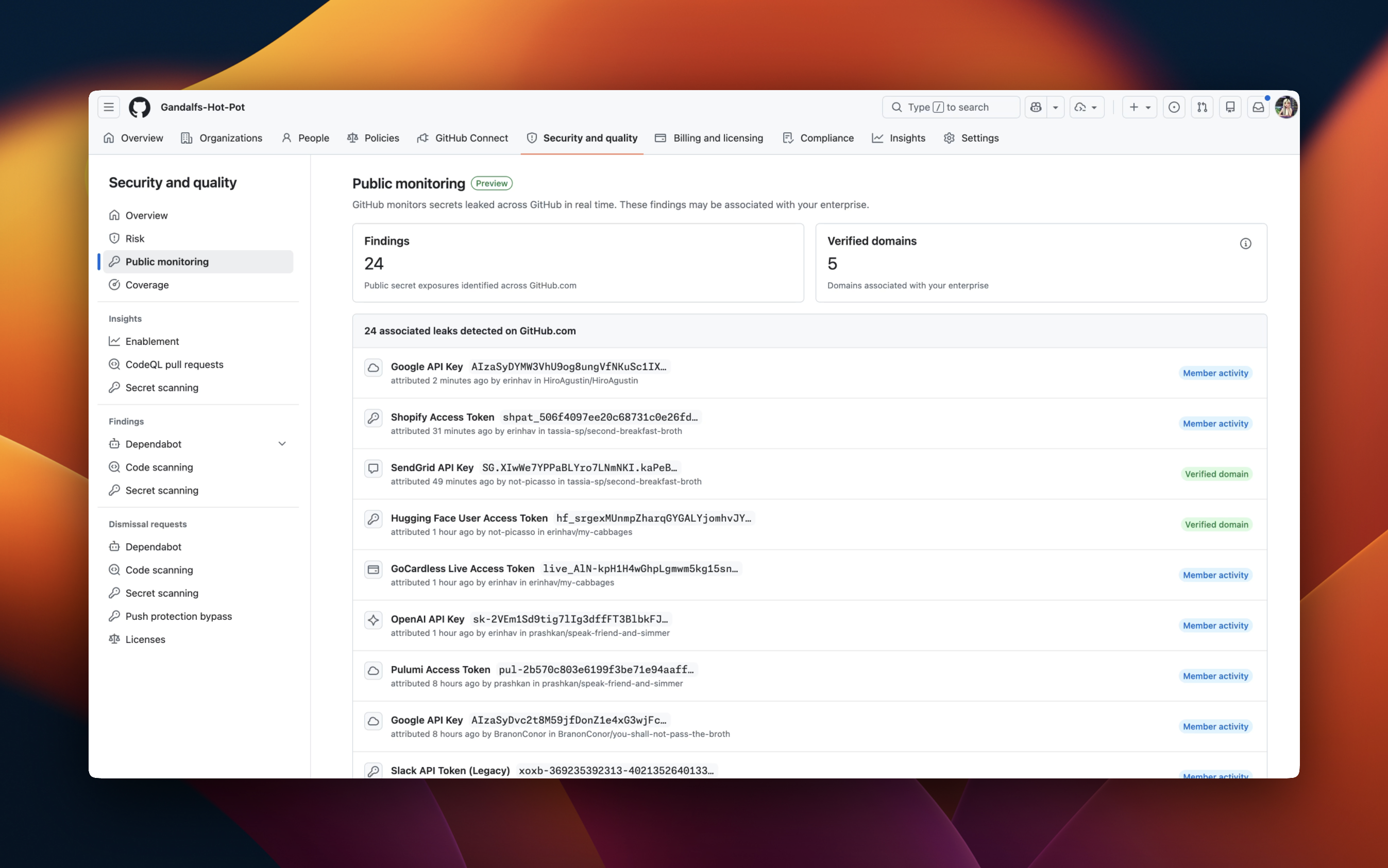 Public monitoring list view shown in the security overview UI