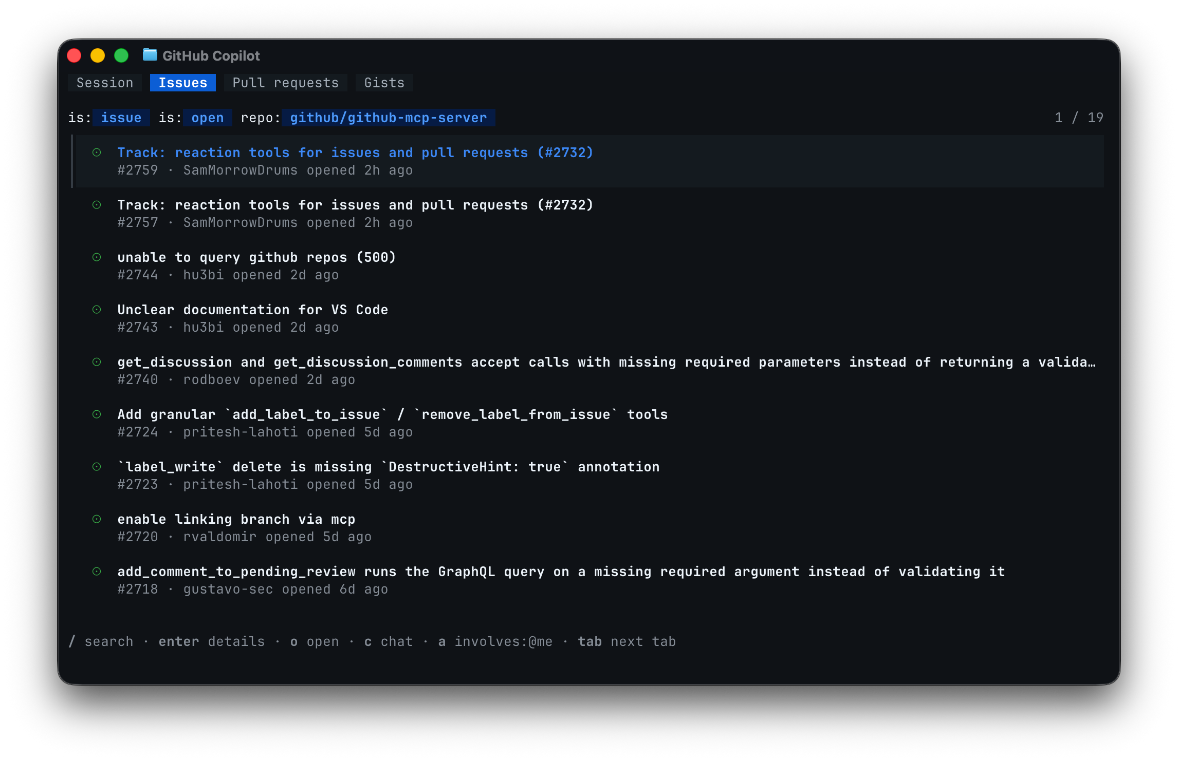 Copilot CLI open issues in new tab view
