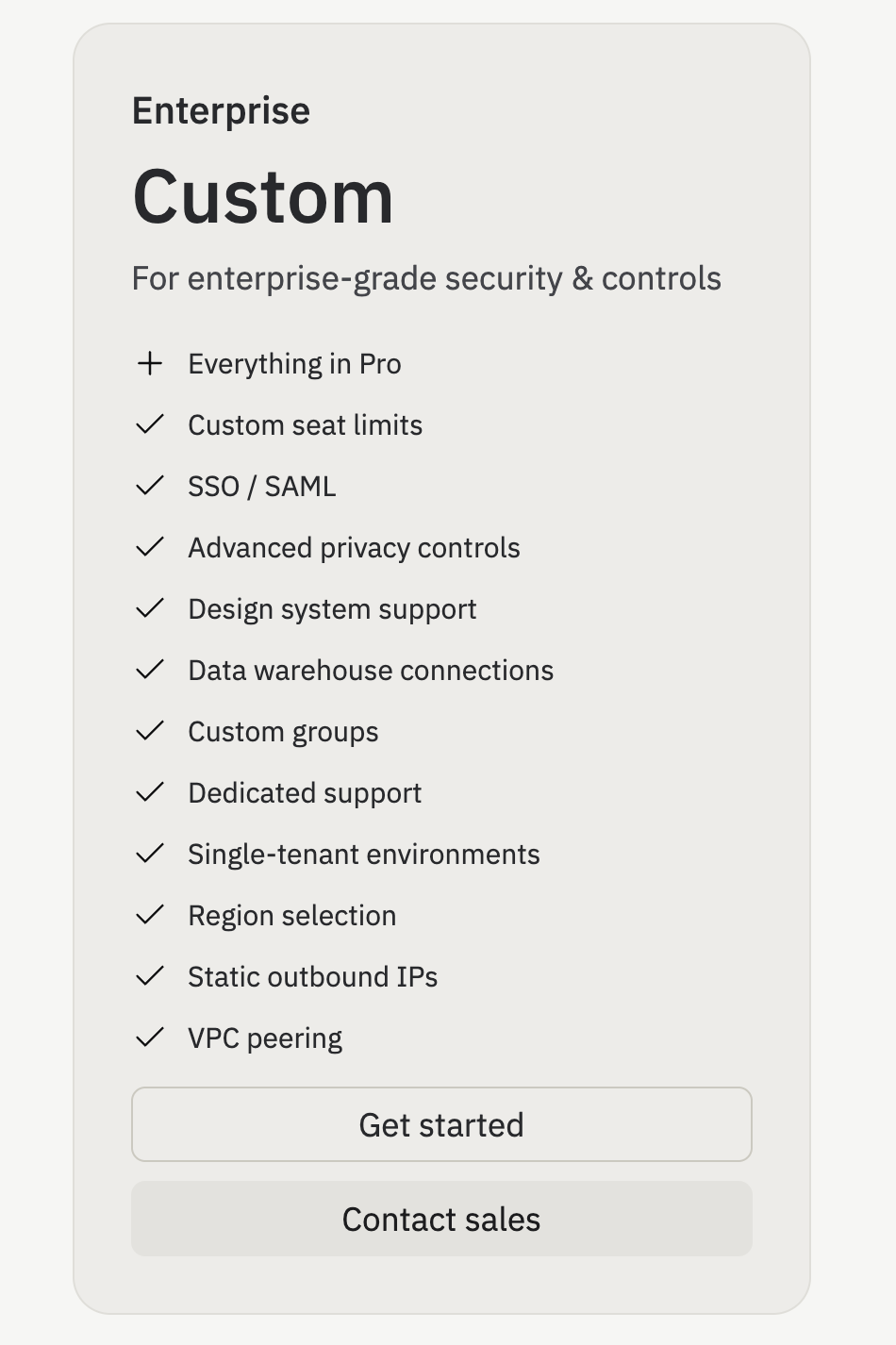 Enterprise plan card on the pricing page listing features like Custom seat limits, SSO / SAML, and Advanced privacy controls, with a Get started button