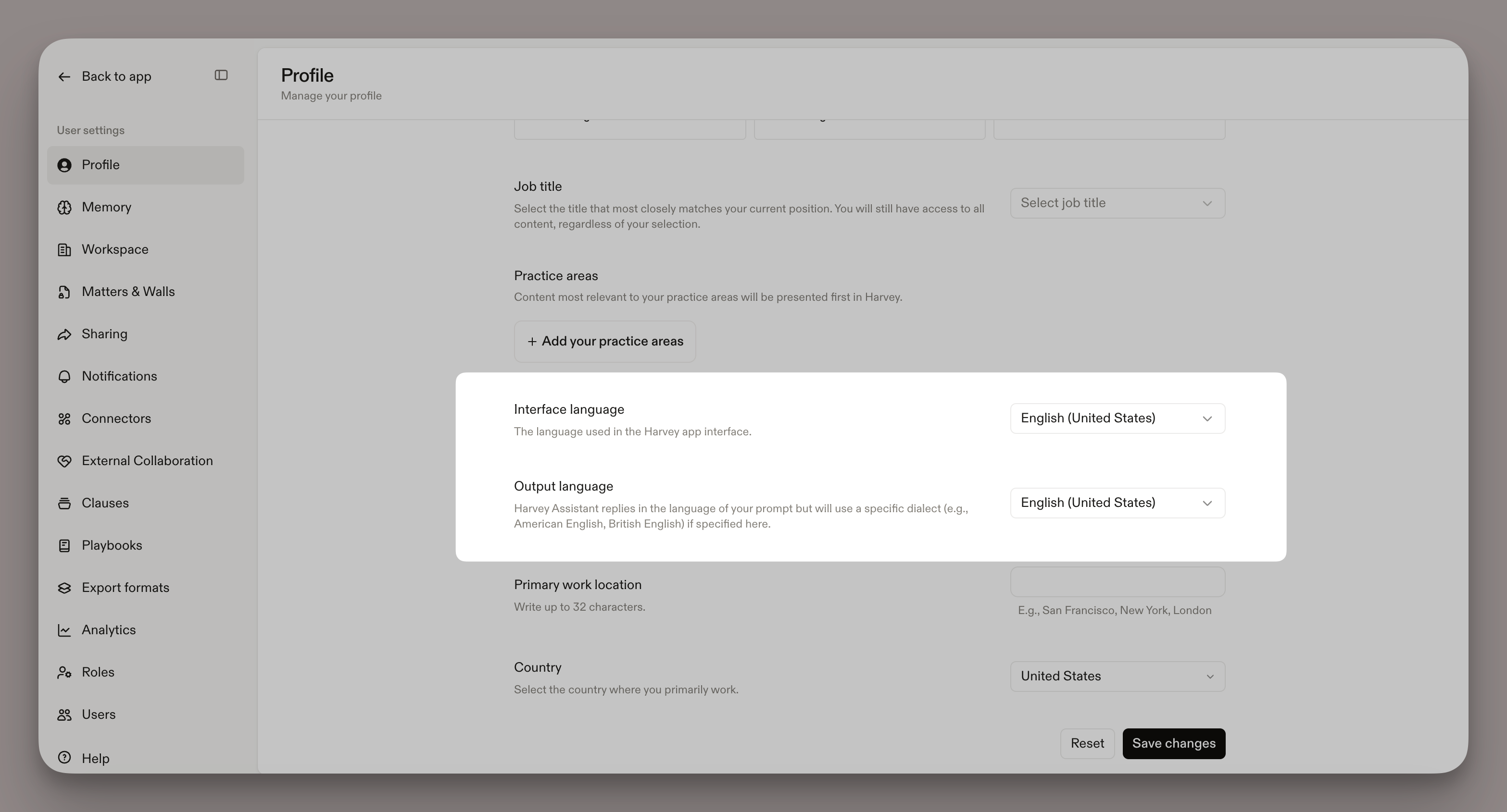 Harvey's language localization interface