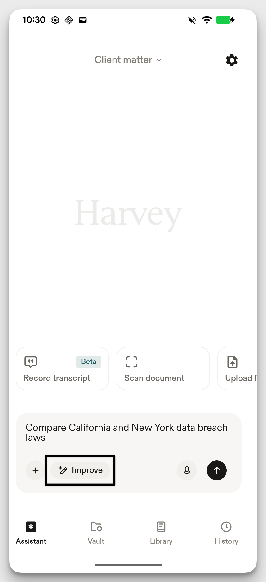 Screenshot of the Harvey mobile app's Assistant screen. A text prompt box below reads "Compare California and New York data breach laws," with a highlighted "Improve" button (outlined in black).