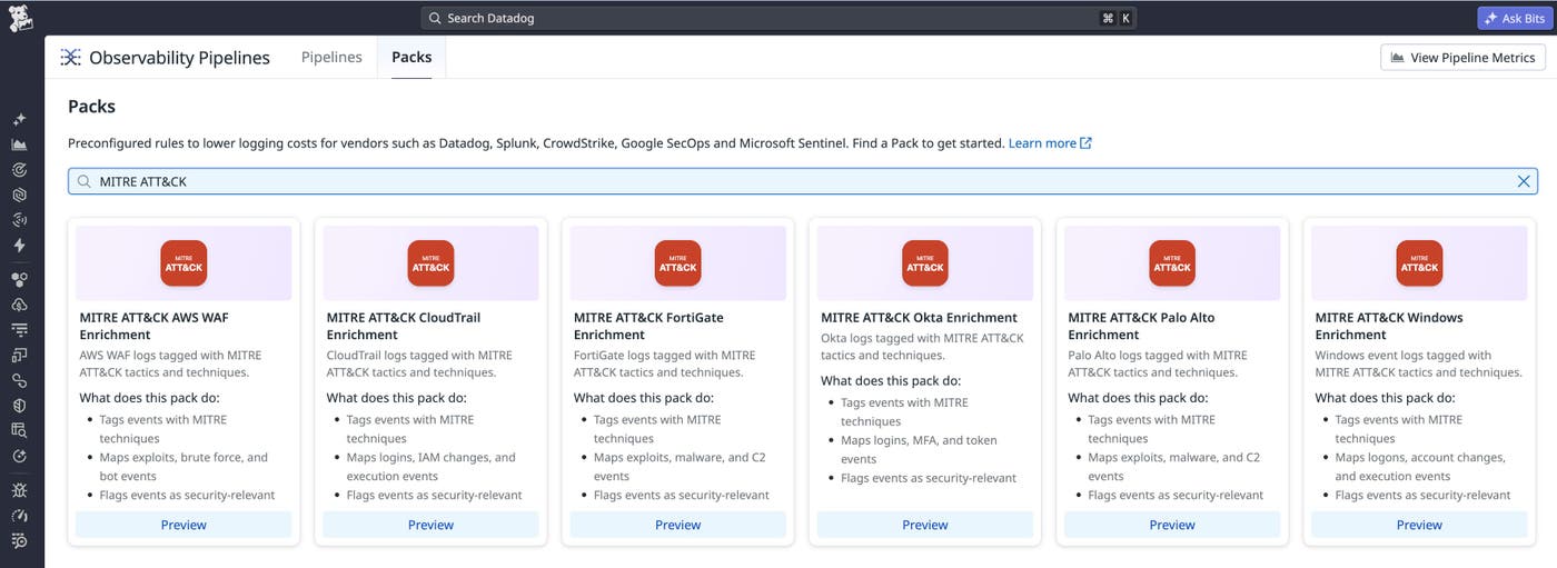 The Observability Pipelines Packs gallery showing all six MITRE ATT&CK Enrichment Packs.
