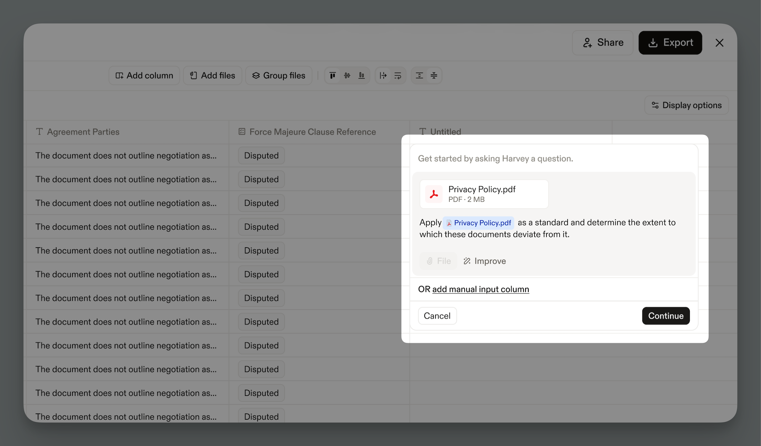 A modal dialog in Harvey's review table interface prompts the user to apply "Privacy Policy.pdf" as a standard to measure document deviations, overlaying a spreadsheet with "Agreement Parties" and "Force Majeure Clause Reference" columns.