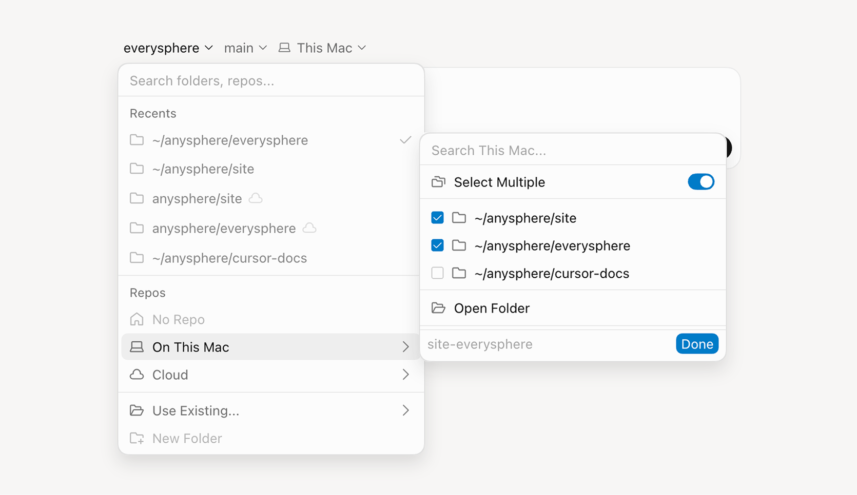 Redesigned project and repo pickers