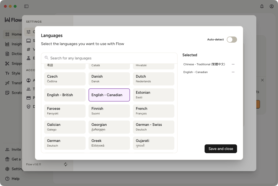 Canadian English setting in Flow