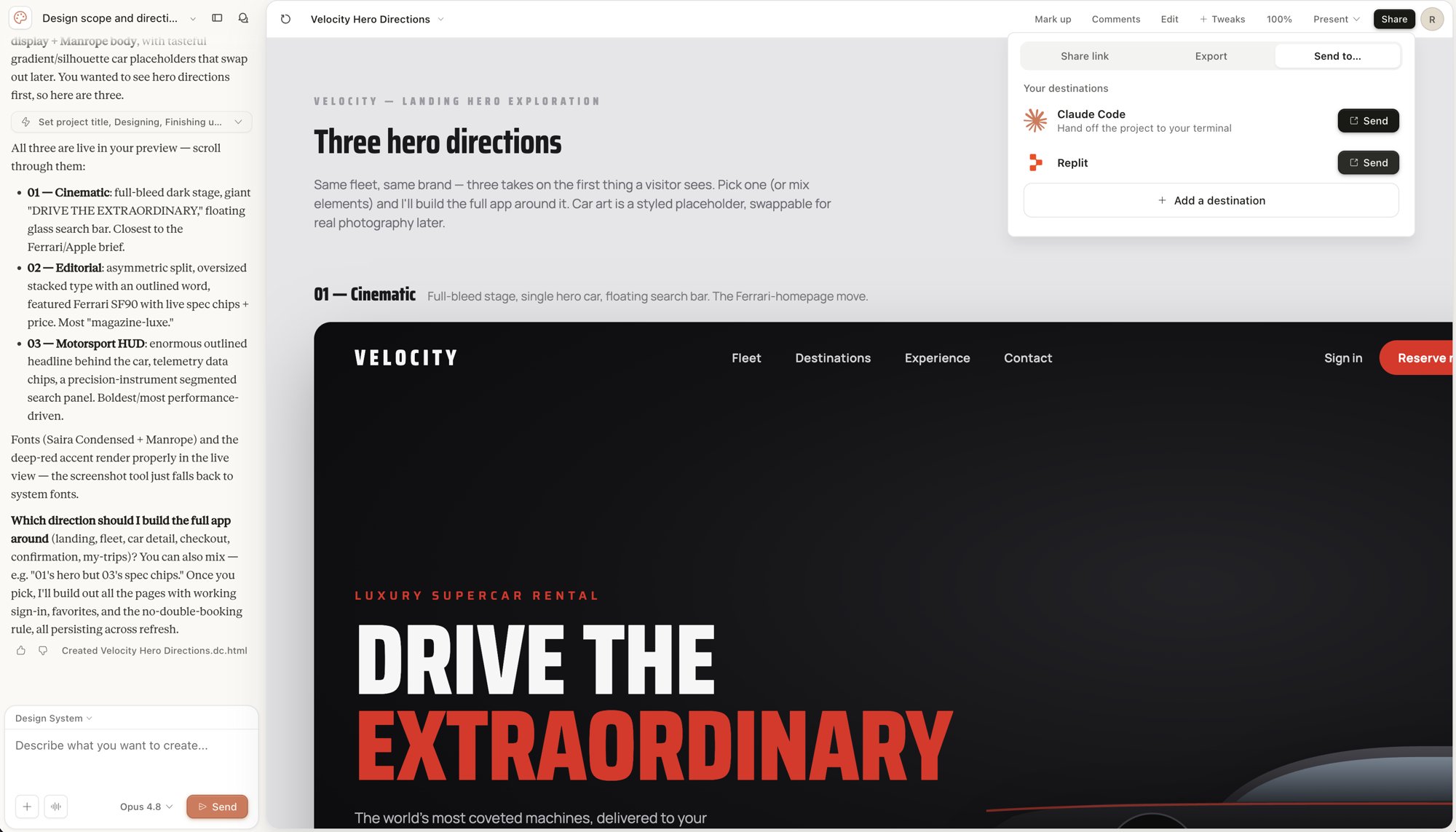 The Claude Design send-to menu open, showing Replit as a destination for sending a design straight into a runnable app