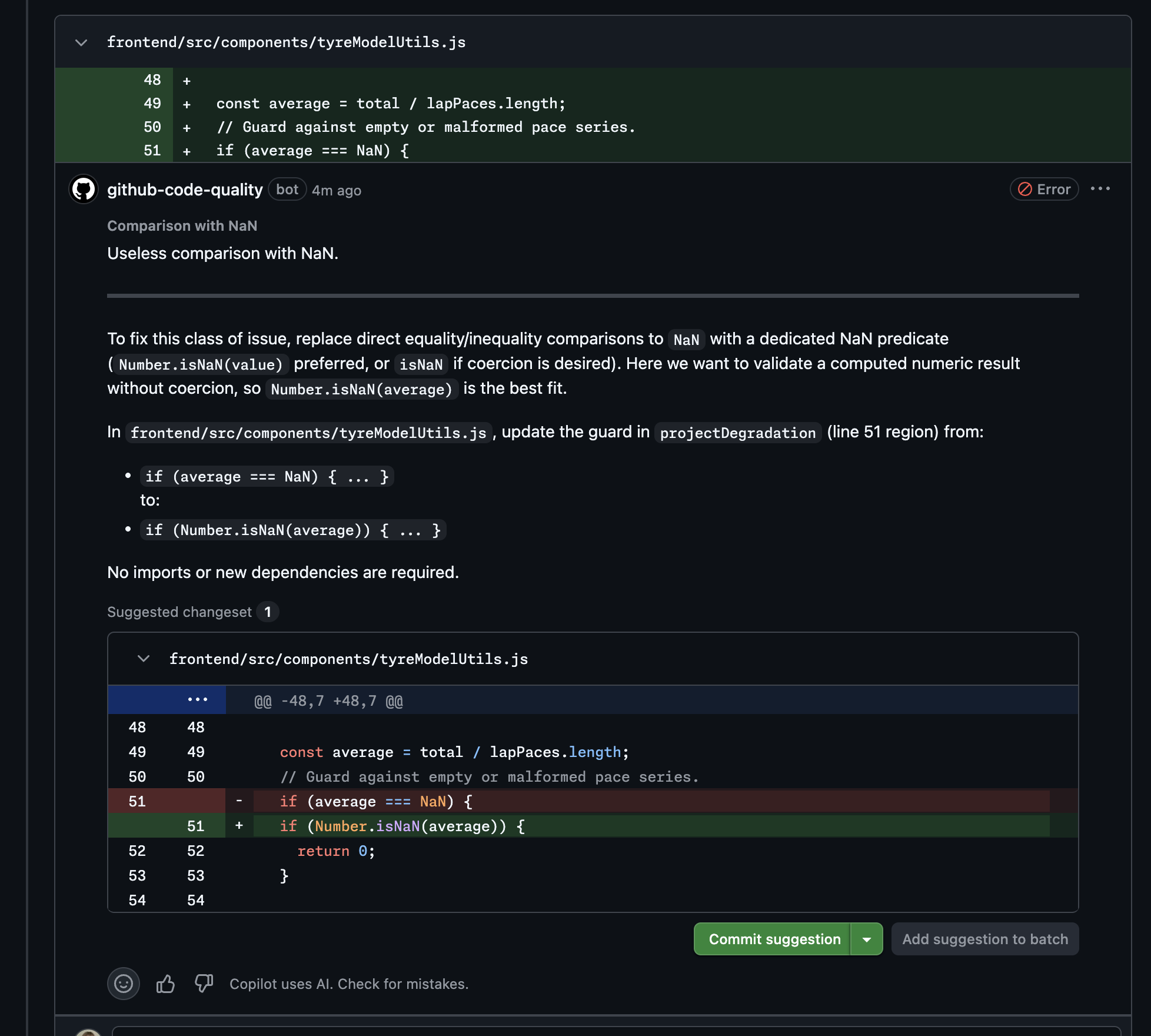 A GitHub Code Quality comment on a pull request flags a useless comparison with NaN and suggests replacing it with Number.isNaN, with a button to commit the fix.
