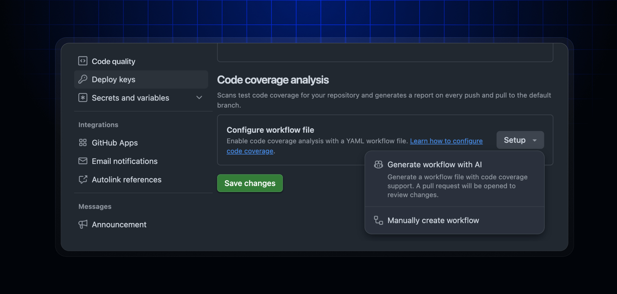 Code coverage automatic enablement can be found in Code Quality settings