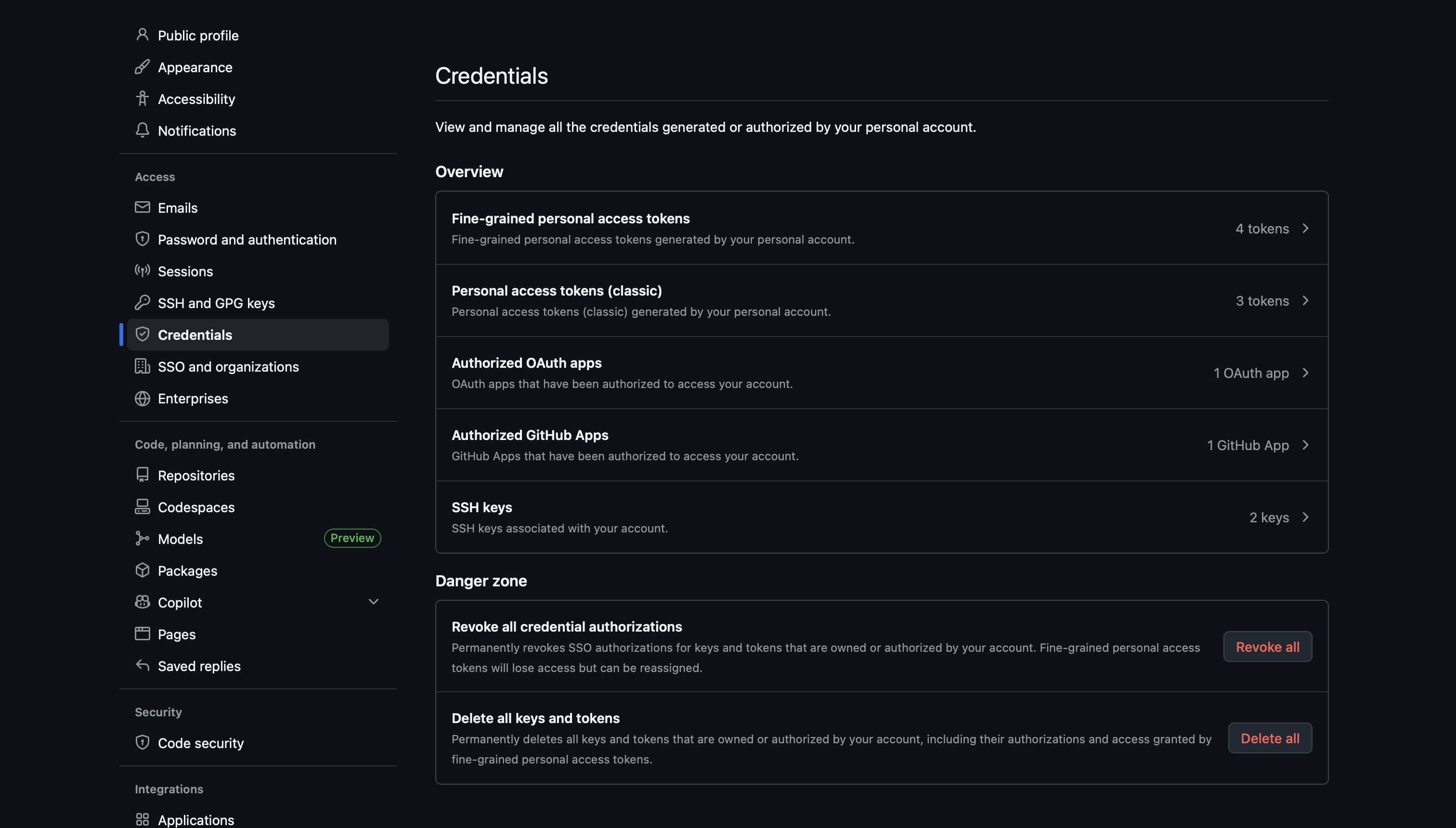 New credential management page of a user account, showing actions to revoke or delete all credentials for the user