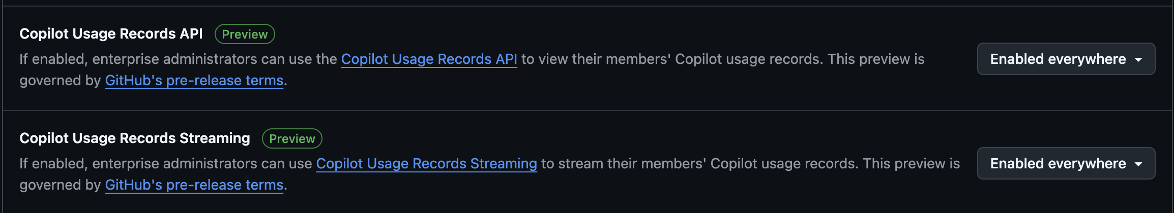 A screen grab of the Enable Copilot Usage Records Streaming and Copilot Usage Records API settings from the Metrics section under Copilot in AI Controls. Each setting has an associated combo box with 
