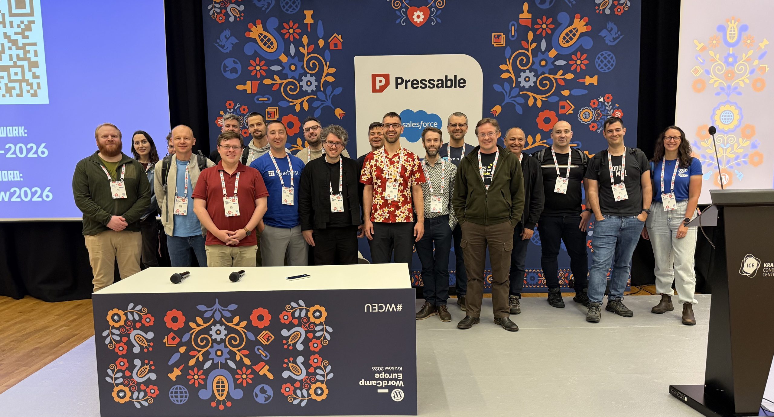 The WordPress Core Committers posing on stage at WordCamp Europe 2026 after meeting.
