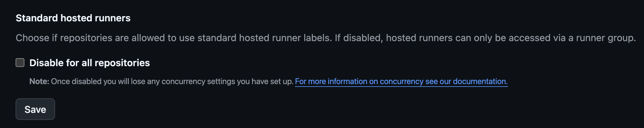 Text on a black background that shows the new Standard hosted runner setting. There
