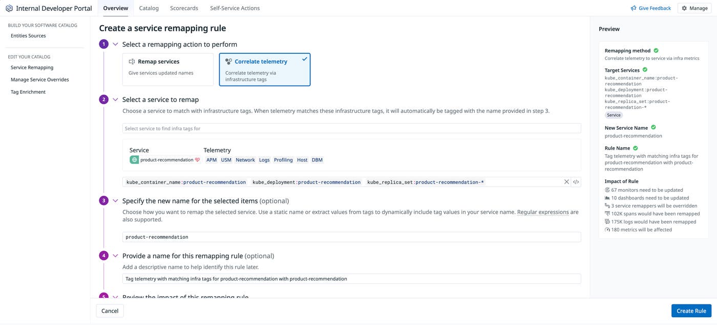 Using Service Remapping to correlate telemetry across products by matching a service's existing infrastructure tags.