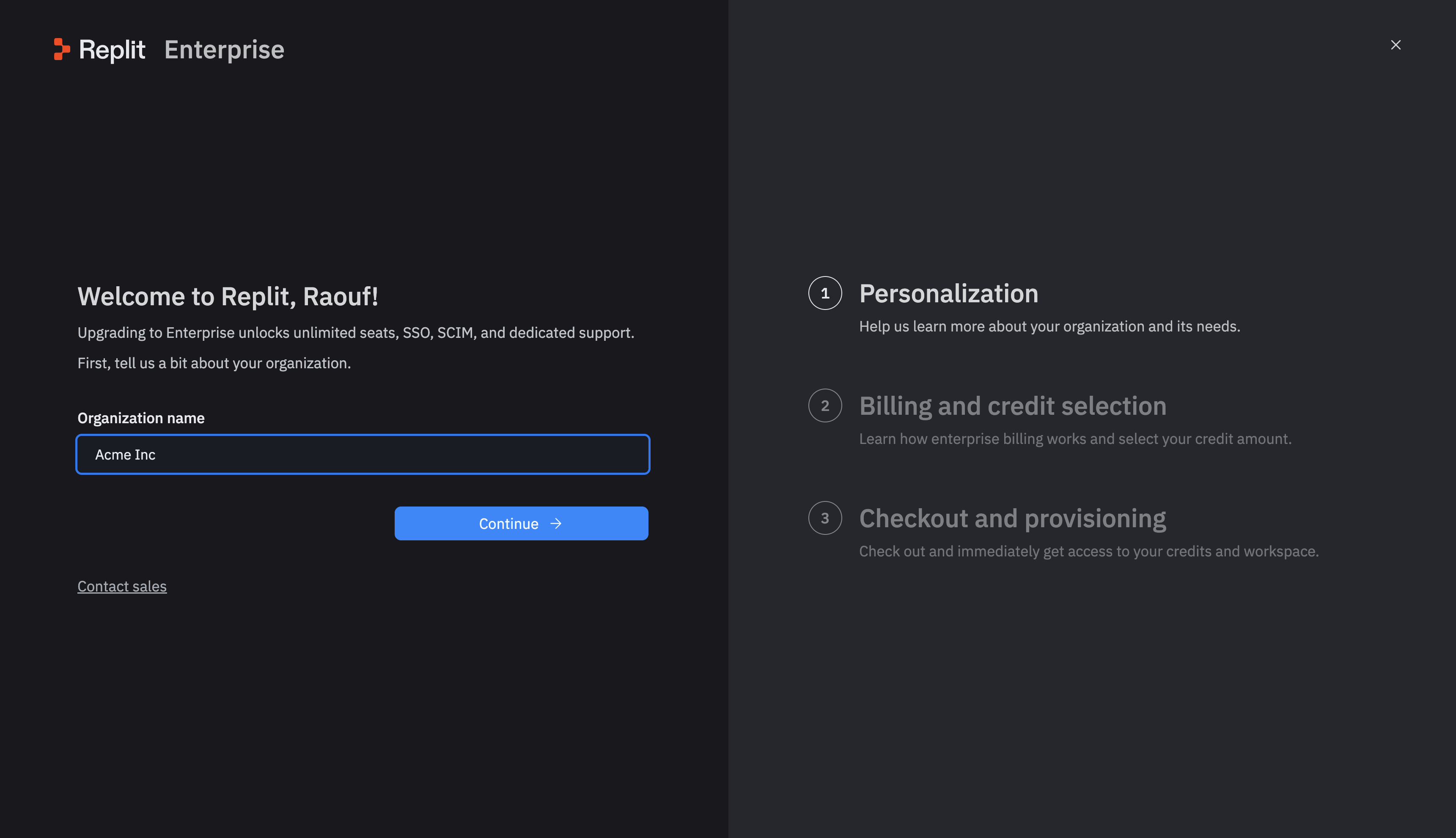 Replit Enterprise upgrade wizard, Personalization step