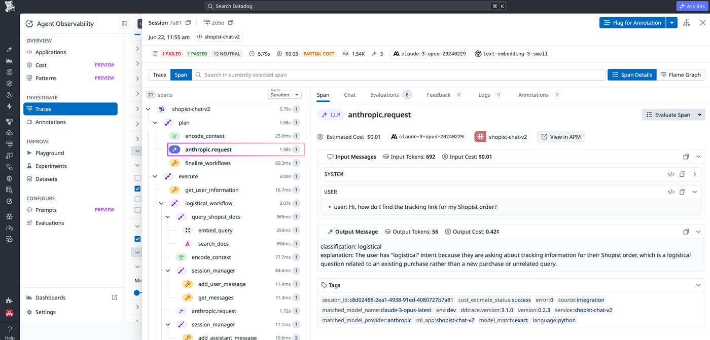 Datadog Agent Observability trace view showing an anthropic.request span selected and input token count, input cost, output token count, and output cost visible alongside the conversation messages.